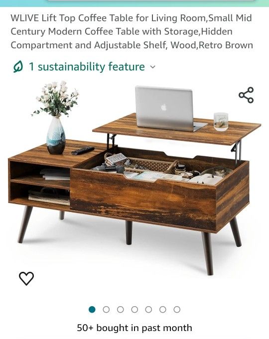 Lift Top Coffee Table for Living Room,Small Mid Century Modern Coffee Table with Storage,Hidden Compartment and Adjustable Shelf, Wood,Retro Brown

