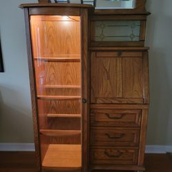 Oak Curio Cabinet/Foldout Desk