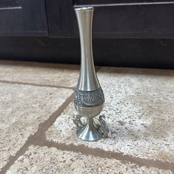 Vintage Pewter Bud Vase embossed Buddha Elephant Figures Chaopraya 9"