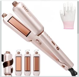 Pink Flat Iron Hair Straightener Curler Crimper for Women, 4 in 1 Professional Ionic Hair Styling Irons for Straightening, Crimping, Curling, Dual Vol