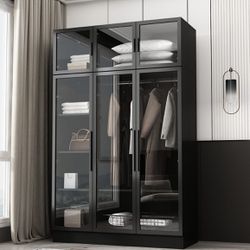 Glass Wardrobe Closet with Lights, Armoires and Wardrobes with Glass Doors and Shelves, Armoire Wardrobe Closet with Hanging Rod, Armoire for Bedroom 