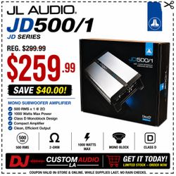JL Audio JD Series JD500/1 Mono Subwoofer Amplifier 1000 Watts Max Bass Amp 🚨 Payment Options Available 🚨 No Credit Needed 🚨
