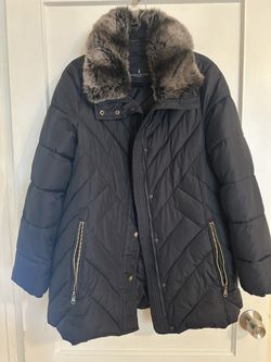 London Fog Zip Front Snap Button Quilted Puffer Jacket Coat with Removable Faux Fur Collar