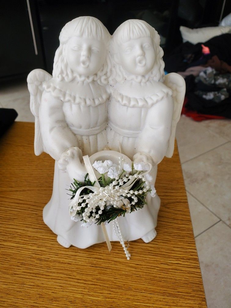 New Bisque Christmas Angel Carolers With Pearls Wings Candle Holder