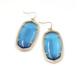 large 14k Gold plated Blue hexagon oval dangle statement earrings