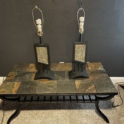 Slate/Stone Tile Coffee Table With Matching Lamps