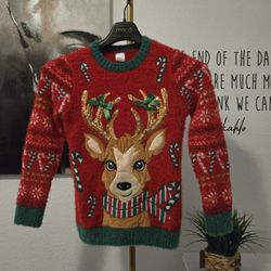 Holiday Time Kids Girls Red and Green Reindeer Christmas Sweater Size L(10-12)