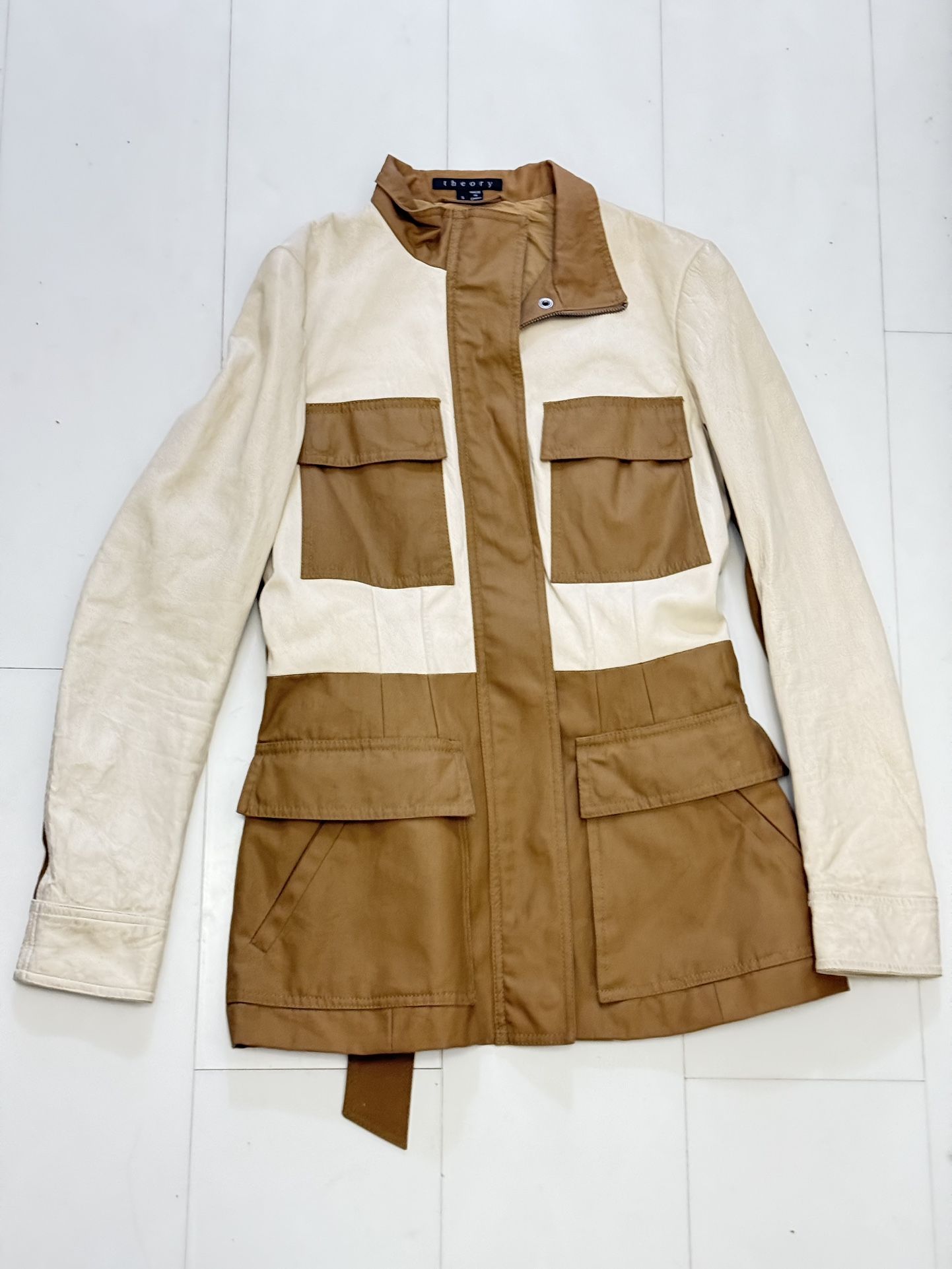 Theory Leather Jacket Size Small UK 3 Macaire Belted Lambs Leather Waxed Cotton