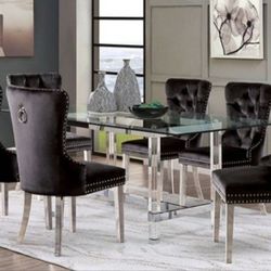 Brand New Black Chrome Acrylic, Glass, Metal 7pc Dining Table Set