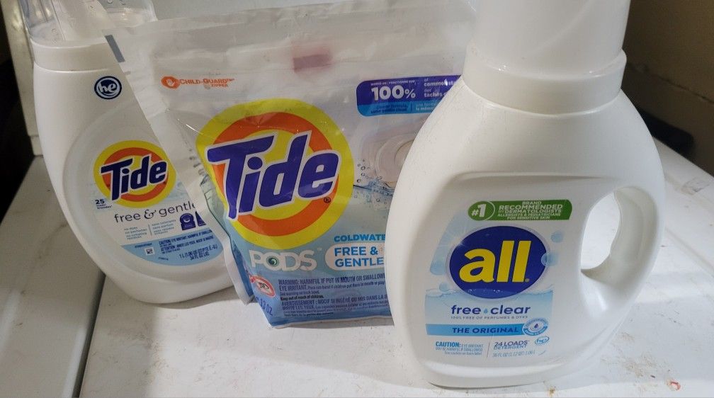 TIDE FREE & GENTLE 25 LOADS/34oz, Tide Pods 16 Count, & ALL FREE & CLEAR 24 LOADS/36 FL Oz For $14/$14 Por Los 3
