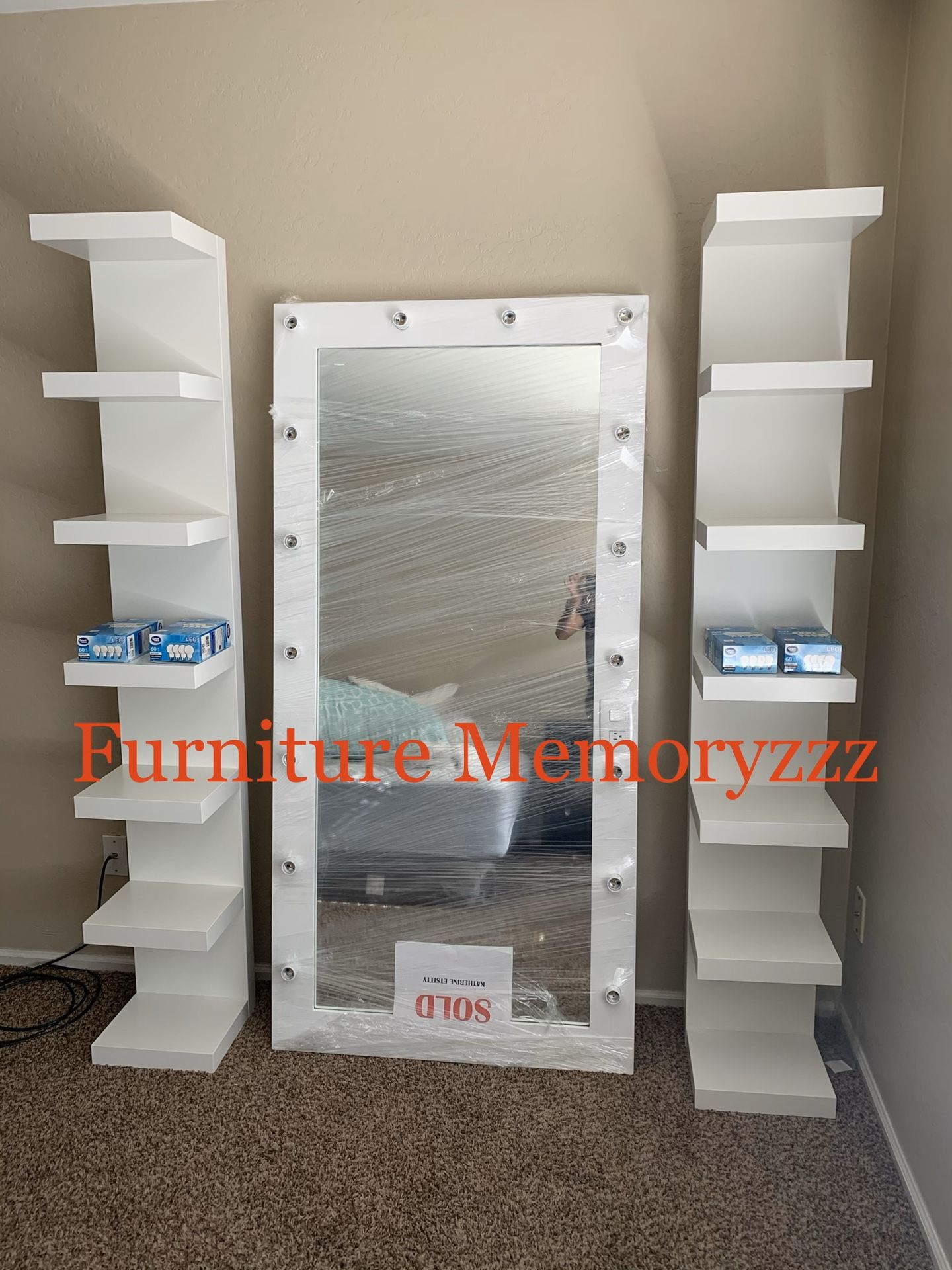 Mirror, vanity, stools, shelf etc.