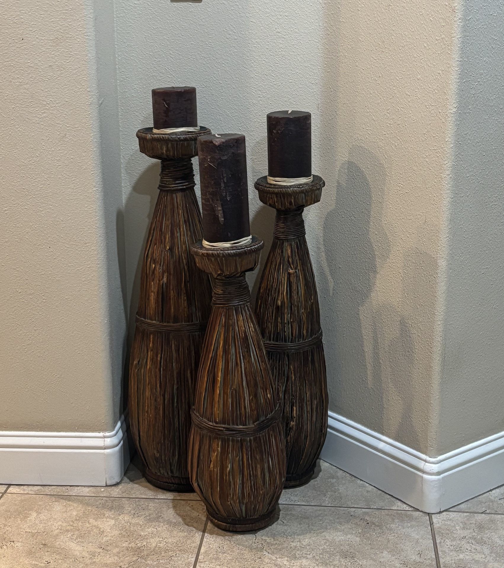 High-End Faux-Wicker Floor Candle Holder Set (3)– Rustic/Boho/Tuscan Décor