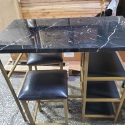 Counter Height Metal Table Set With Faux Marble Top, Gold