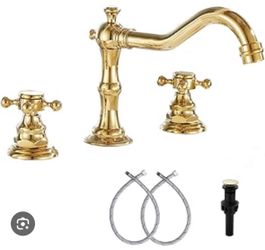 8-16 inch Two Handles 3 Holes Widespread Bathroom Sink Faucet Gold Basin Mixer Tap Faucet Matching Metal Pop Up Drain with Overflow