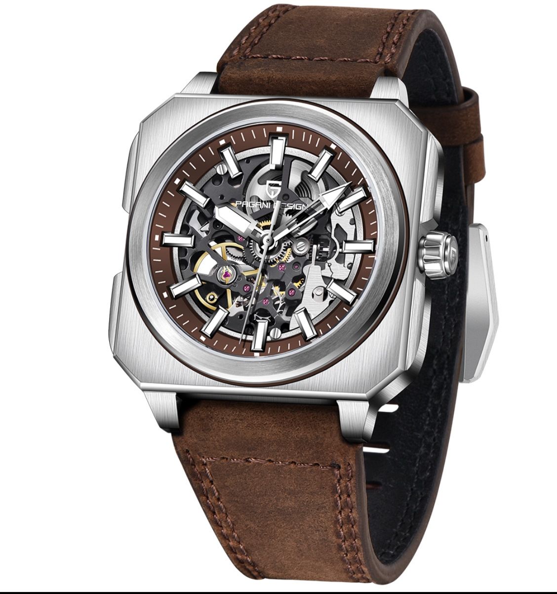 PAGANI DESIGN Skeleton Automatic Men's Watches 42MM leather strap brown