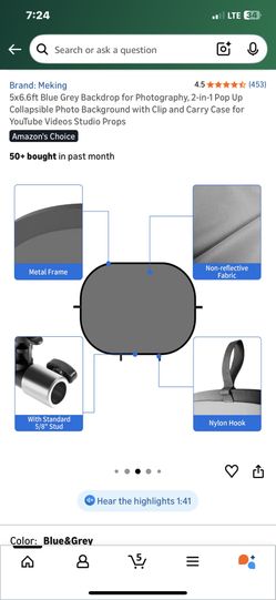 5x6.6ft Blue Grey Backdrop for Photography, 2-in-1 Pop Up Collapsible