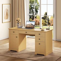 58ā Farmhouse Executive Computer Desk with Drawers, Storage Cabinet & Charging Station ā Natural Oak ā Brand New