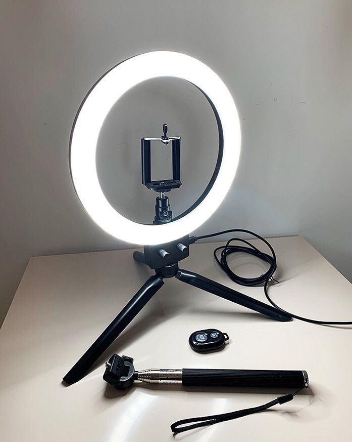 (New in box) $25 each LED 8” Ring Light Dimmable Table Stand USB Connection w/ Selfie Stick, Camera Remote