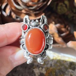 Size 8.75 925 Silver Overlay Carnelian Bat Ring 
