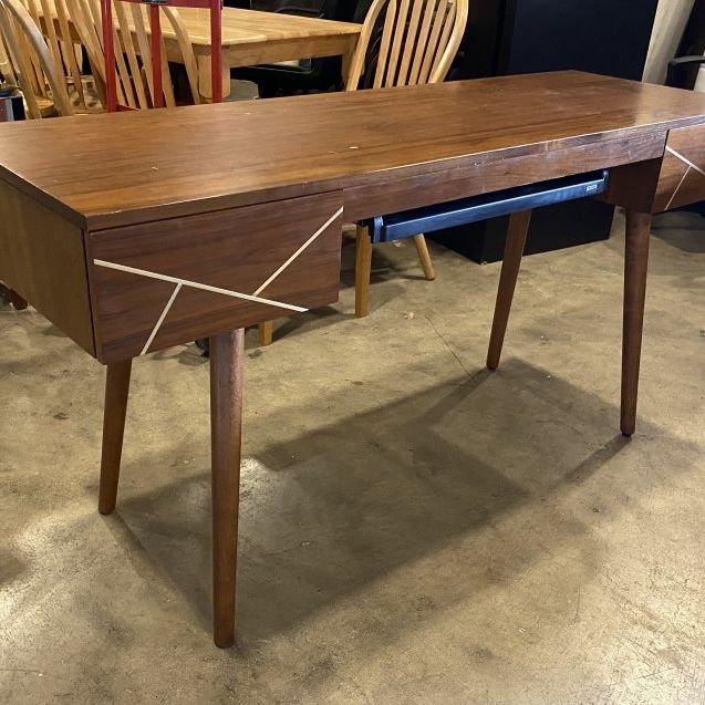 Walnust Finish MCM Style Desk w/ Gold Metal Accents