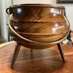 Gorgeous Wood Kettle Shaped Bowl With Brass Handle- 5" Wide With Three Sprindle