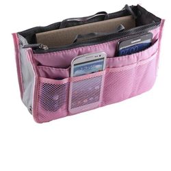 Women Multi-Pocket Travel Handbag Organizer Insert w Zipper Handles Purse Liner Pink 
