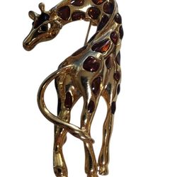 Vintage Giraffe Brooch Gold Tone Brown Enamel Pin Whimsical Zoo Animal Kitschy