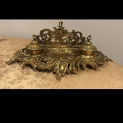 Ornate Antique French Bronze Inkstand with Double Inkwells, size : width 17 inches, depth 9 inches, height 6 inches, very heavy,  local pick up !cash 