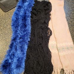 Scarves:black knit,  blue boa, pink with teal/white print design near ends (stained) lot of 3 