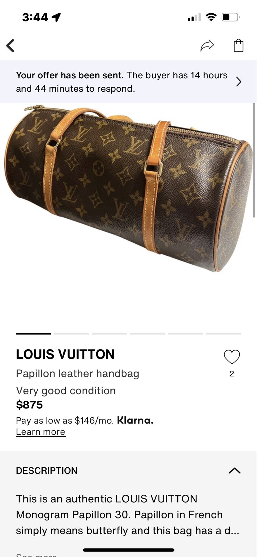 Verified Louis Vuitton Monogram Papillon 30 Bag 