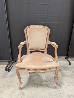French Provincial Carved Wood Arm Chair in Beige Upholstery