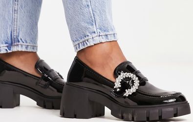 Steve Madden Hailey Chunky Heel Black vegan Patent Bling Buckle 