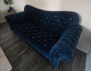 Three Matching Blue Tufted Couches