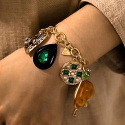 Chunky Multi-Pendant Vintage Boho Charm Bracelet with Rhinestone Accents