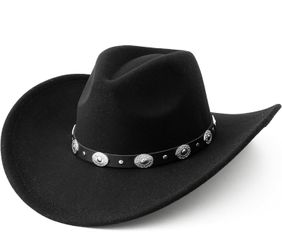 Women Men Felt Wide Brim Western Cowboy Hats Belt Buckle Panama Hat Medium 