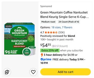 K-Cup Pods Coffee Nantucket Blend Keurig (96 Pods)