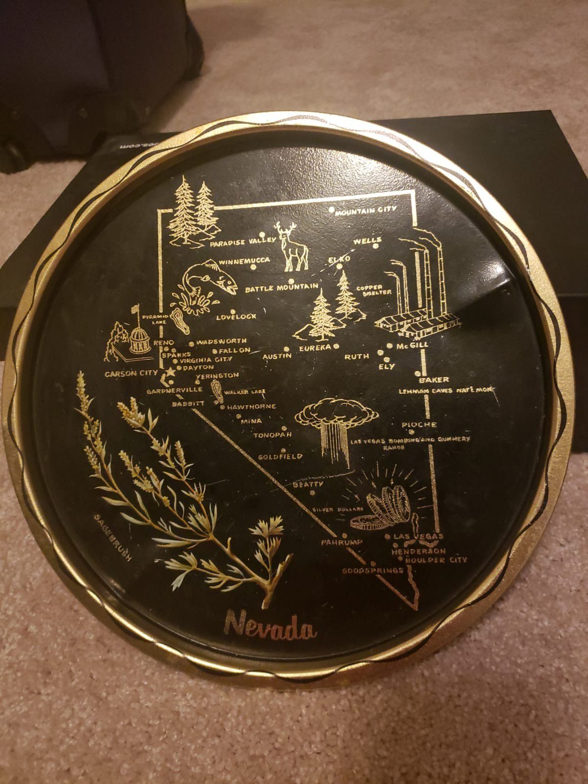 Vintage Souvenir Nevada Metal Black Round Tray