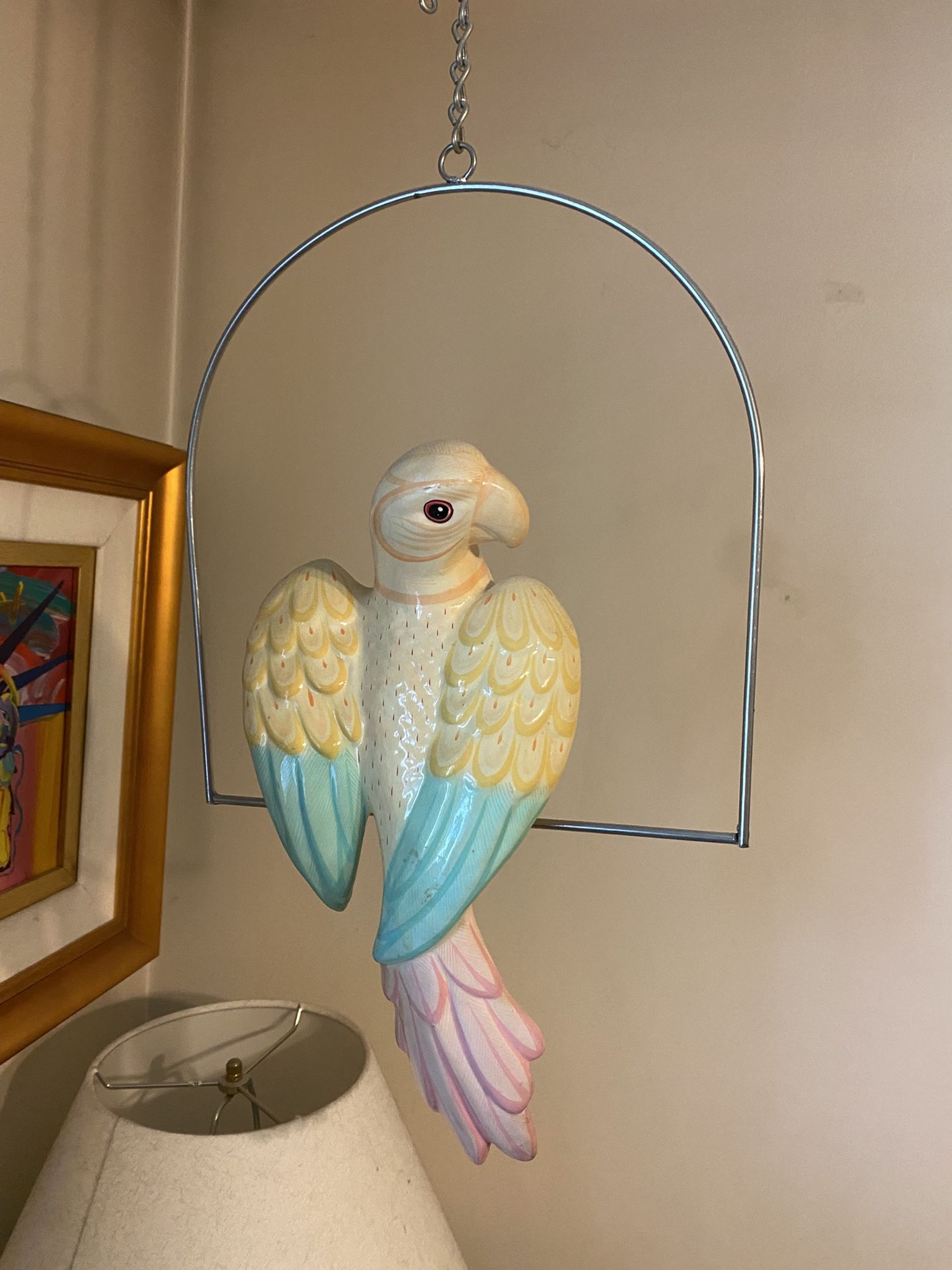 Vintage Hand Painted Ceramic Parrot Bird w/ Metal Hanger