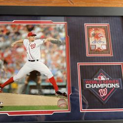 Stephen Strasberg autographed  Relic card Framed With 8x10 Veryical Photo And 2019 World Series Embroidered Patch Framed In A 12 X 16 Black Wood Fram 