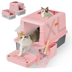 Stainless Steel Litter Box with Lid, 20L Metal Enclosed Litter Box for Big Cat, Flip-Top Design with Anti-Leakage High Sides, Large Cat Lovers Gifts,