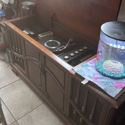 Vintage, Solid Wood Console,  w/Sears Silvertone Stereo, record player, recorder, microphone, etc. with speakers On Each End