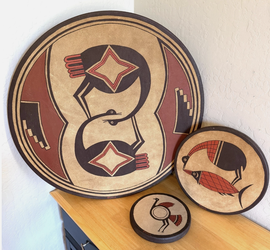 Vintage Southwestern Pueblo Hand Painted Drum Wall Art Set 25" Signed Pincus
