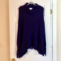 Coldwater Creek Womens Poncho Sweater Purple Fringe Wool Blend One Size