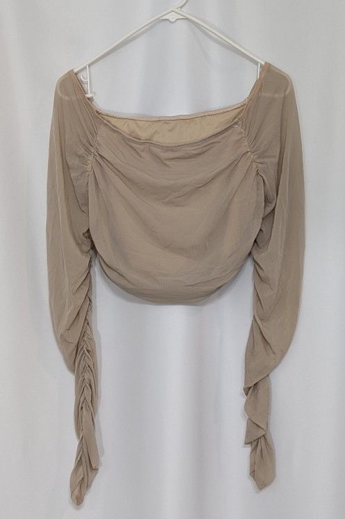 Long Sleeve Crop Top - Size Large - SHEIN MOD Beige Mesh Ruched - Item #: TOP-040