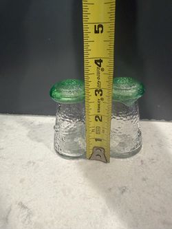 Vintage Clear Textured Glass Salt & Pepper Shakers w/ Green Glass Mushroom Caps