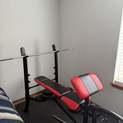 Weight Bench with Two Bars with Weights, Including A Singular 25lb Dumbbell.
