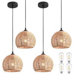 Set Of 4 Mini Hemp Rope Woven Pendant Light Fixtures Boho 