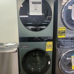 WashTower Stacked SMART Laundry Center 4.5 Cu.Ft. Front Load Washer & 7.4 Cu.Ft. Electric Dryer in Nature Green wI Steam