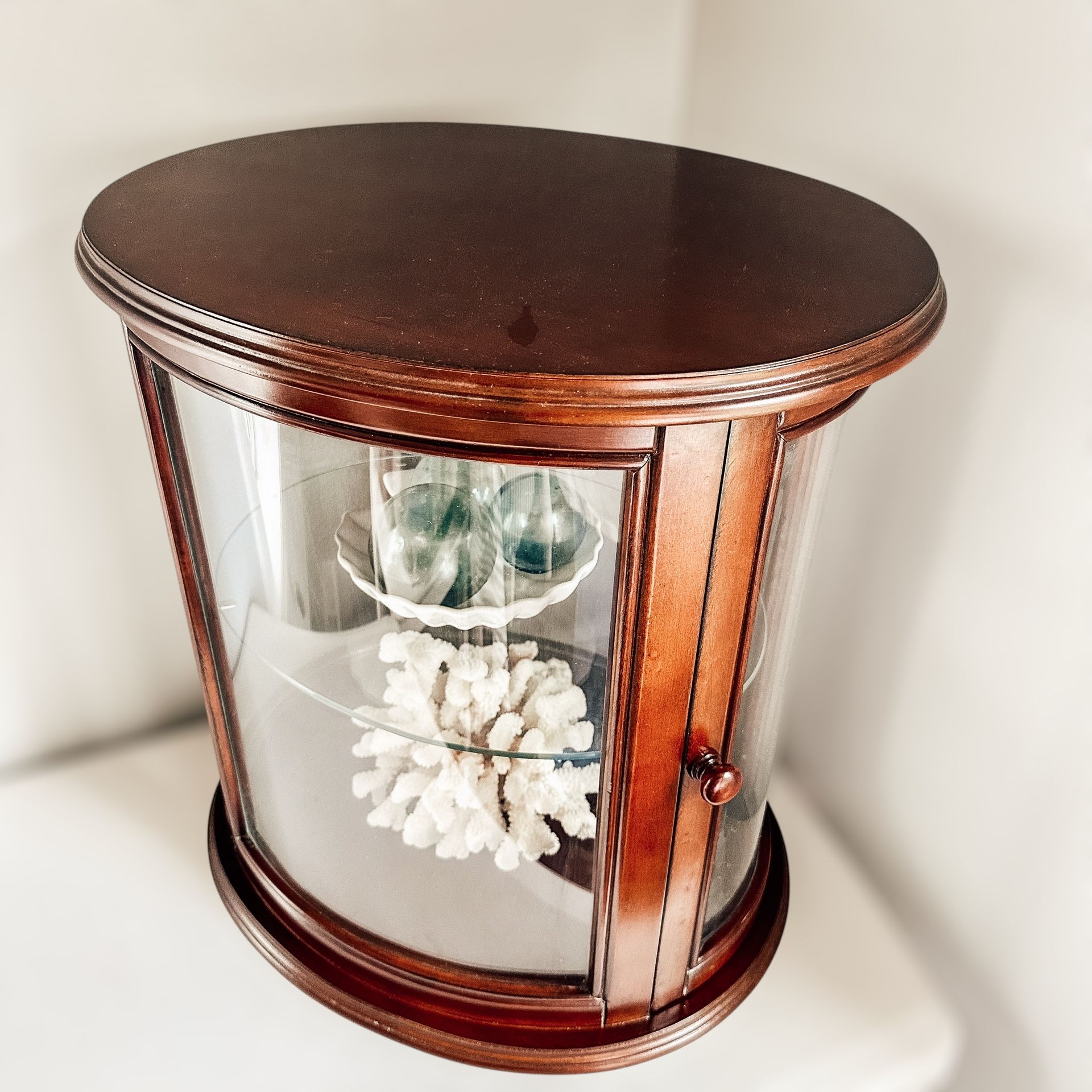 Vintage Curved Oval Solid Wood Curio Cabinet Glass Shelf Tabletop Collector Display Large 19”