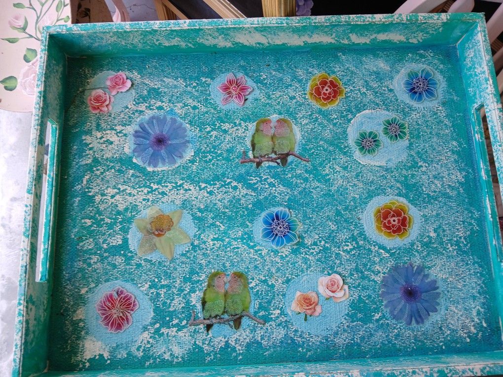 Blue Servimg Tray With Birds And Florals